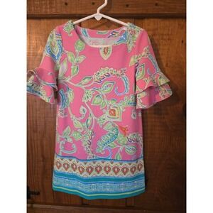 PAPPAGALLO Girls Pink Paisley Floral Ruffle Sleeve Shift Dress Size XS 4/5